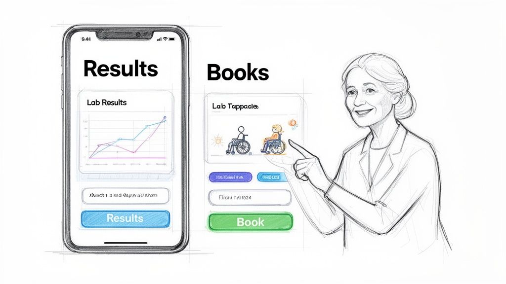 Sketch of a healthcare mobile app displaying lab results and booking options, with a doctor pointing.