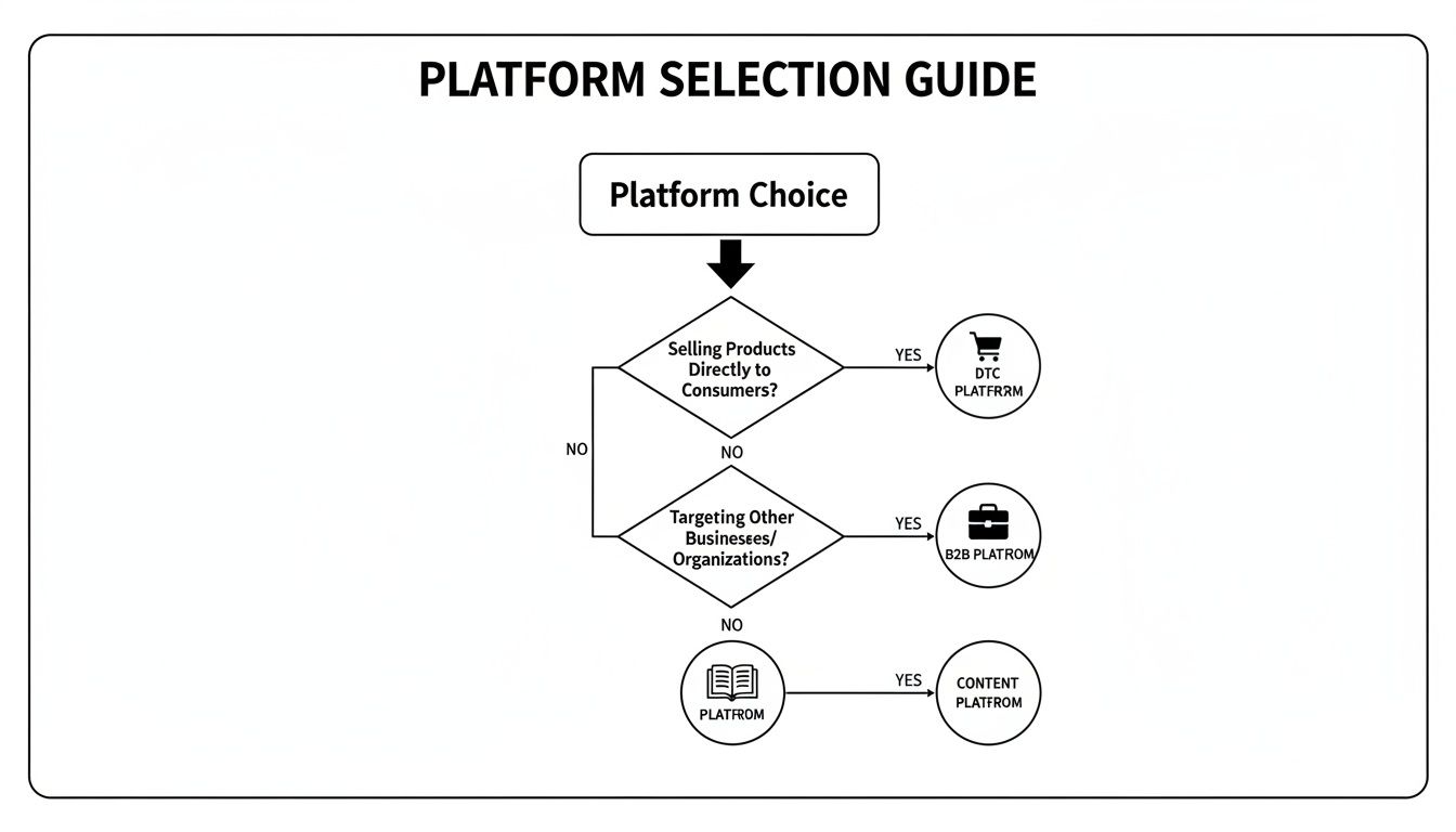 Flowchart illustrating platform selection based on targeting consumers, businesses, or content.