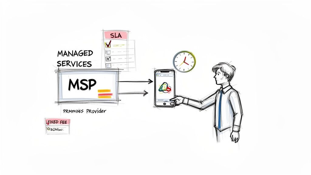 Diagram illustrating a Managed Services Provider (MSP) delivering services under an SLA to a client.