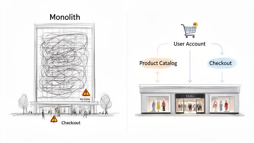 Visual comparison of a tangled monolithic software architecture and a clear, modular microservice architecture.