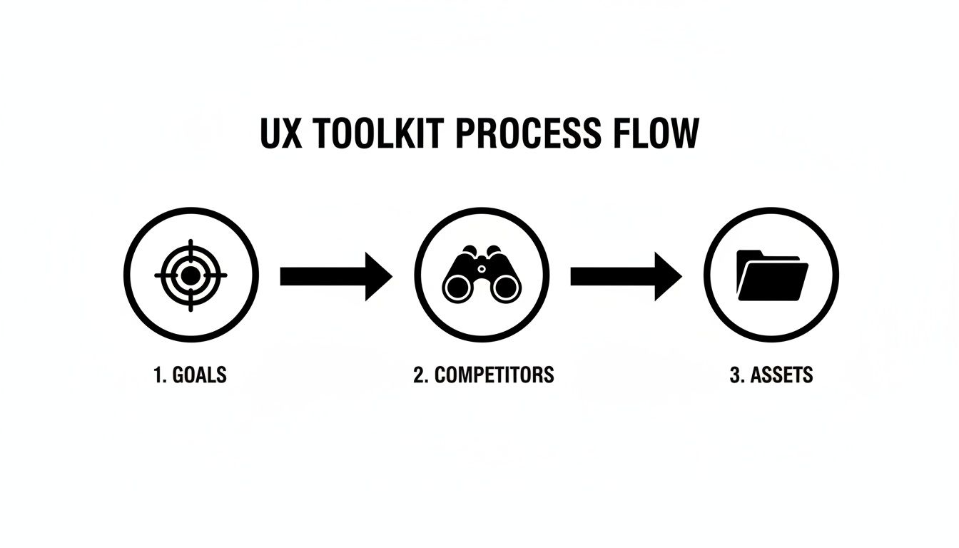A UX toolkit process flow diagram showing three steps: Goals, Competitors, and Assets.