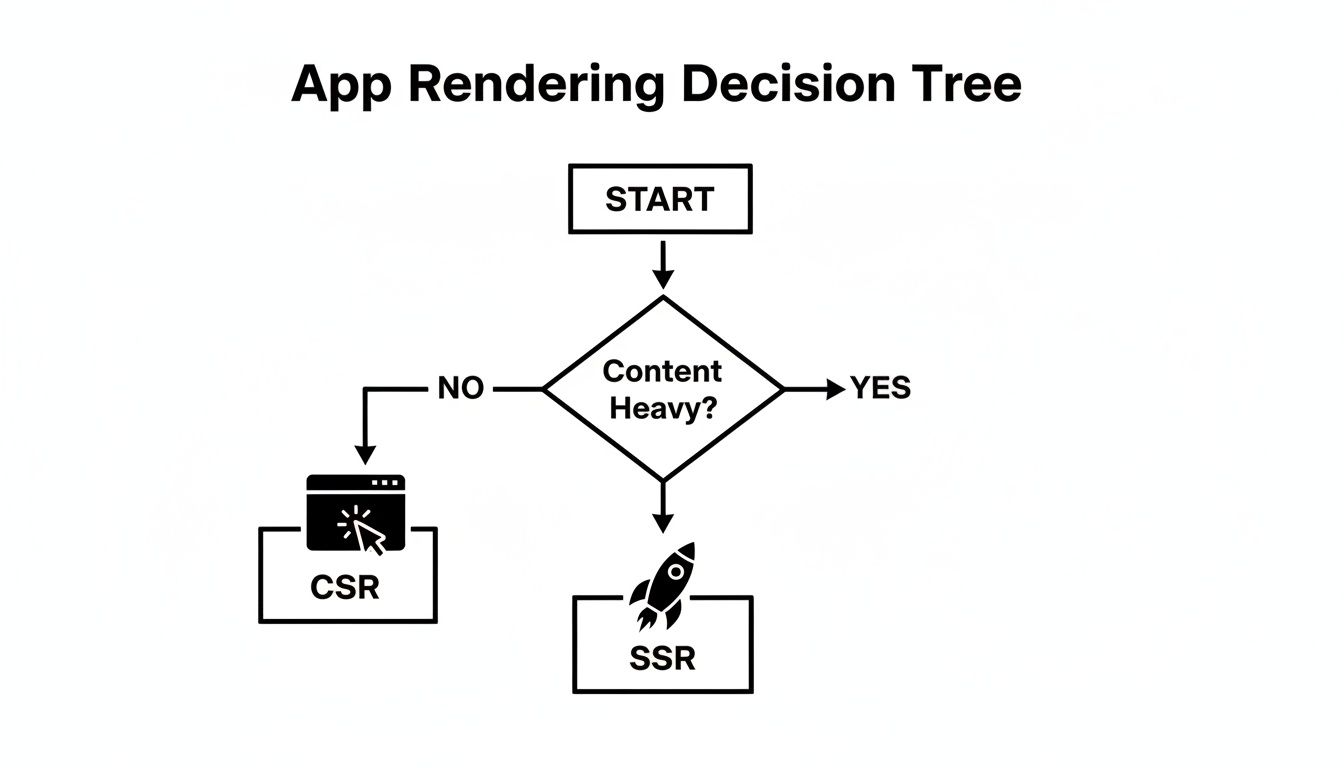 A flowchart detailing app rendering decisions: start, then check if content is heavy. If yes, choose SSR; if no, choose CSR.