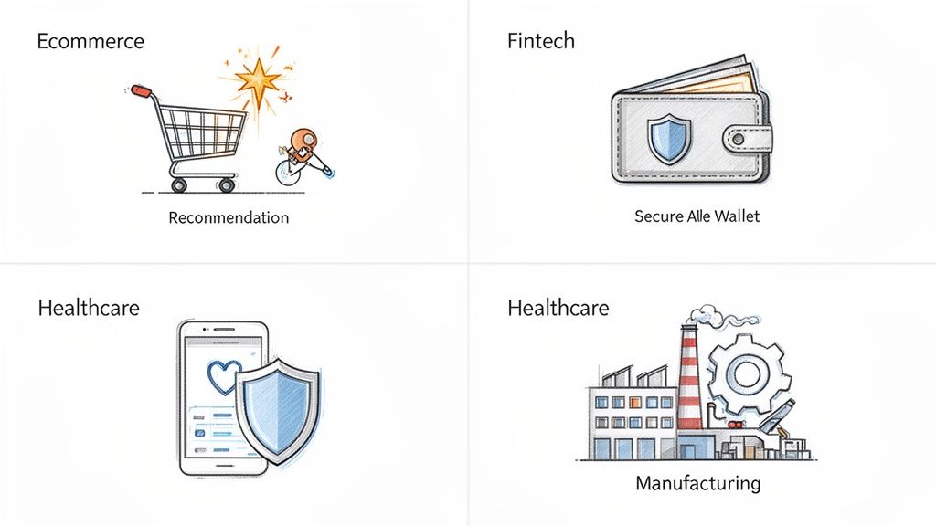 Illustrations depicting custom software development across ecommerce, fintech, healthcare, and manufacturing industries.