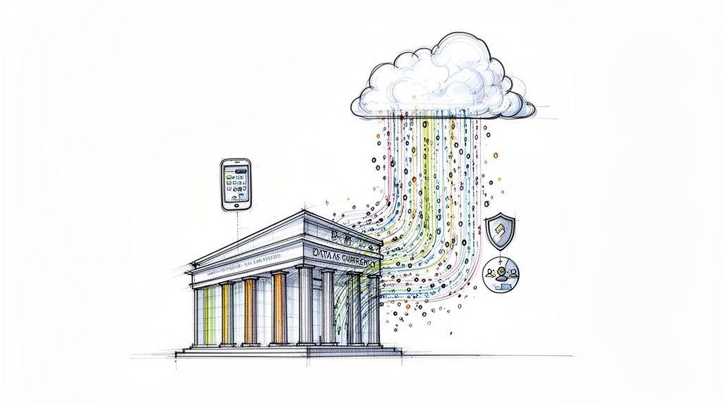 Illustration of data flow from a cloud into a bank building, emphasizing security and mobile access.