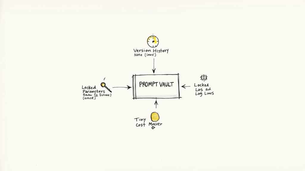 A diagram illustrating a prompt vault connected to version history, locked parameters, a tiny cost meter, and locked log lines.