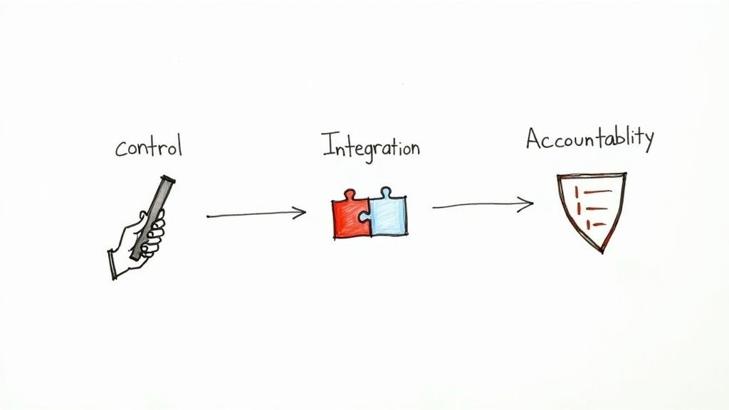 A visual diagram showing control (hand with stick) leading to integration (puzzle pieces) and then to accountability (shield).