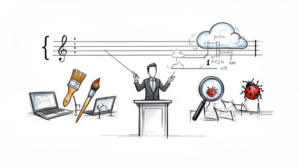 A conductor orchestrates various elements of software development, including design, cloud computing, and bug fixing.