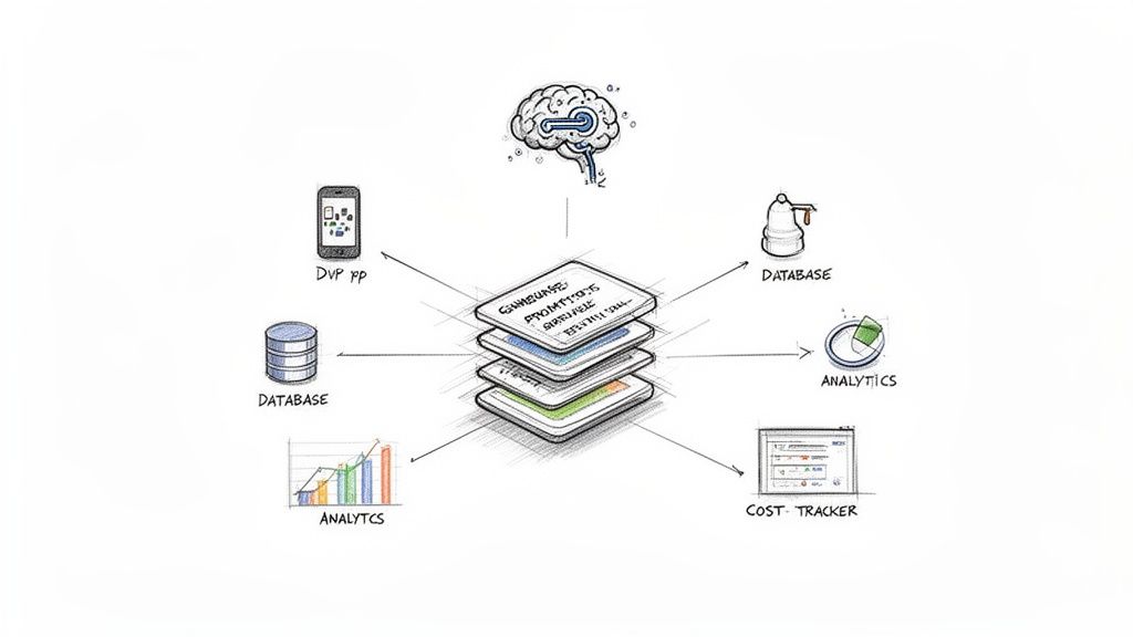A diagram shows a central game promotion system connected to AI, mobile apps, databases, analytics, and cost tracking.