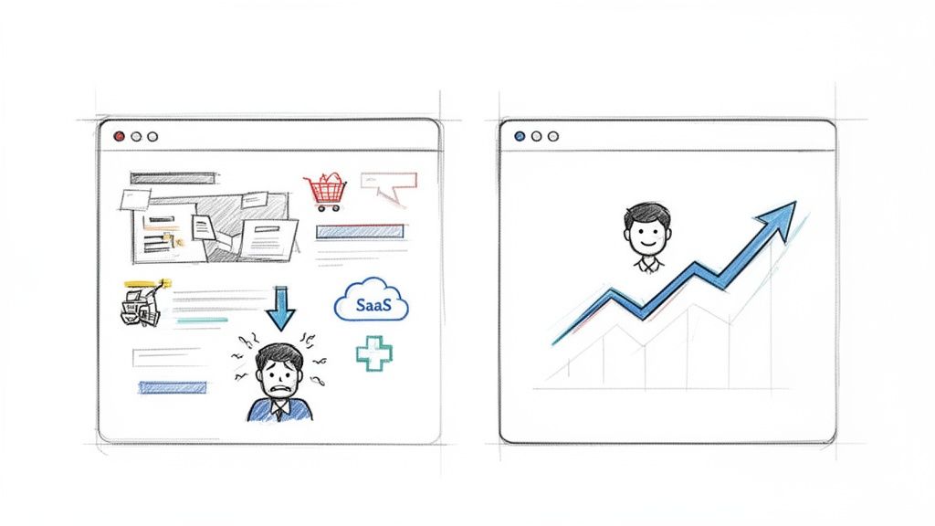 Sketch comparing a stressed user with a complex web page to a happy user with an upward trend.