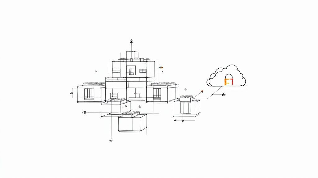 A modular architectural sketch resembling Lego blocks connected by lines to a secure cloud icon.