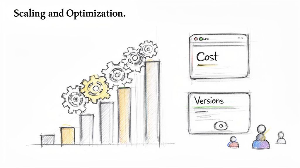 A sketch illustrating business scaling and optimization with increasing charts, gears, and windows showing cost and versions.
