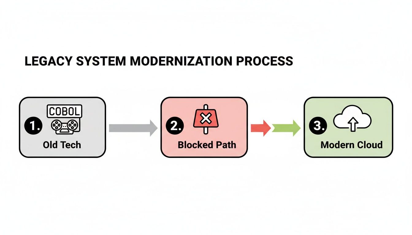Diagram illustrating the legacy system modernization process from old tech to modern cloud, overcoming a blocked path.