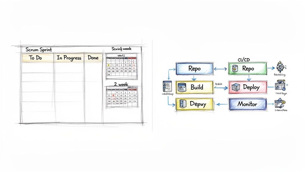 Hand-drawn diagrams illustrate an Agile Scrum Sprint board and a CI/CD DevOps pipeline.