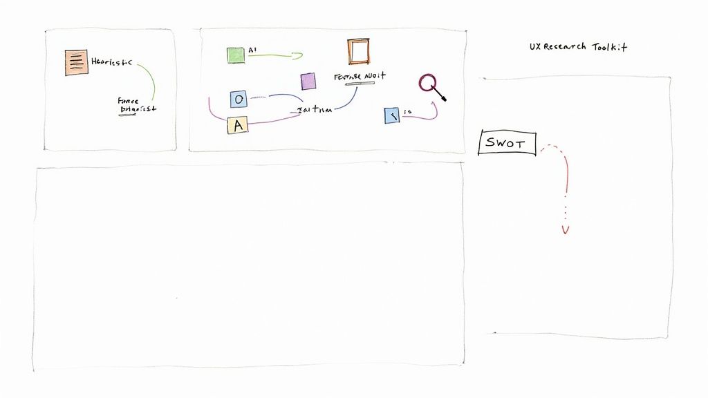 A whiteboard sketch outlining UX research toolkit components, including heuristics, feature audit, and SWOT analysis.