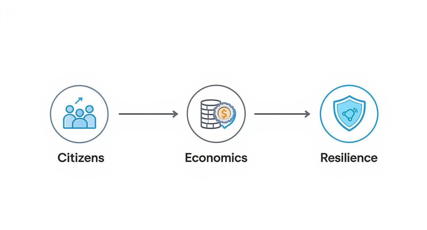 Three connected icons showing citizens leading to economics leading to resilience in government transformation process