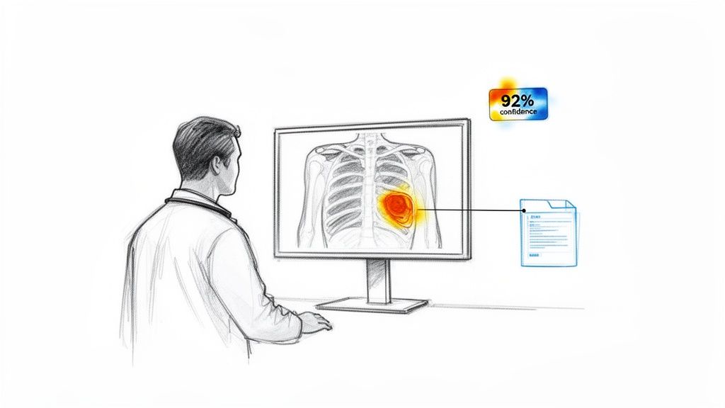Illustration of a doctor viewing a medical scan, showing an anomaly with 92% confidence and linked report.
