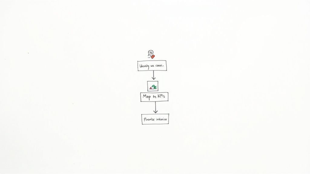 A whiteboard drawing illustrating a three-step process: identify use cases, map to KPIs, and prioritize initiatives.