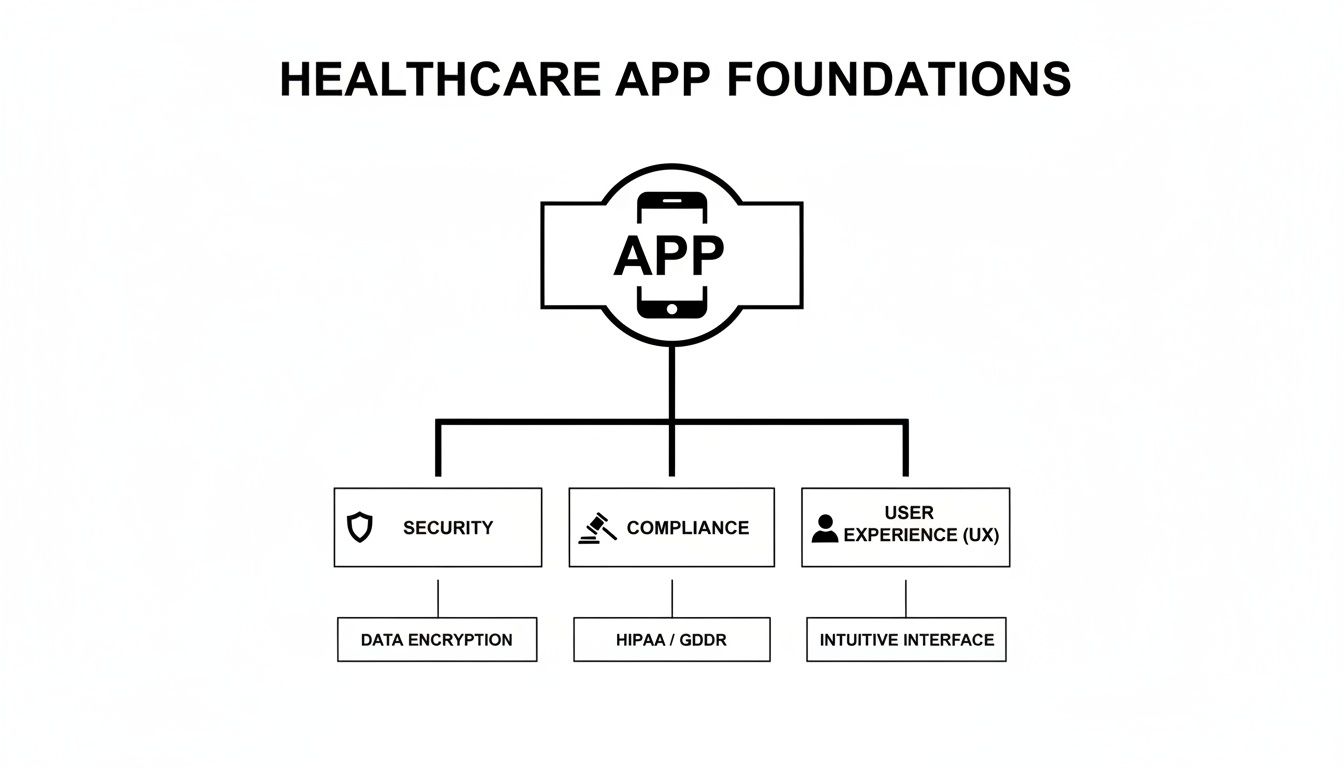 A foundational diagram for healthcare apps, detailing security, compliance, and user experience elements.