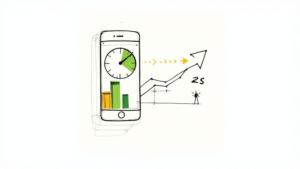 Illustration of mobile app performance optimization, showing a smartphone with a timer and an upward trend graph.