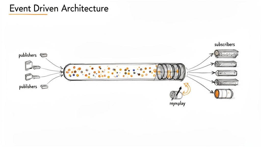Detailed diagram of an event-driven architecture, showing publishers, event stream, subscribers, and a replay function.