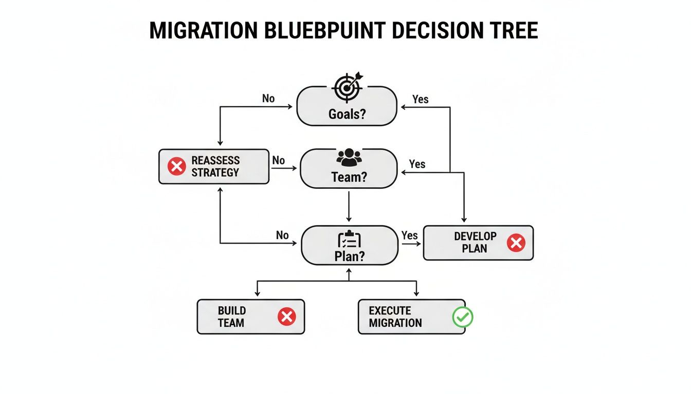 A flowchart illustrating a migration blueprint decision tree with steps for goals, team, and plan.