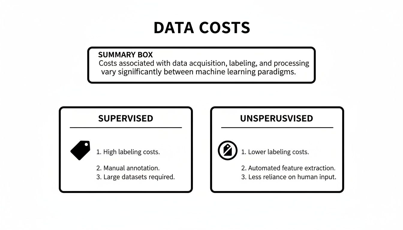 Infographic comparing data acquisition and labeling costs for supervised and unsupervised machine learning.