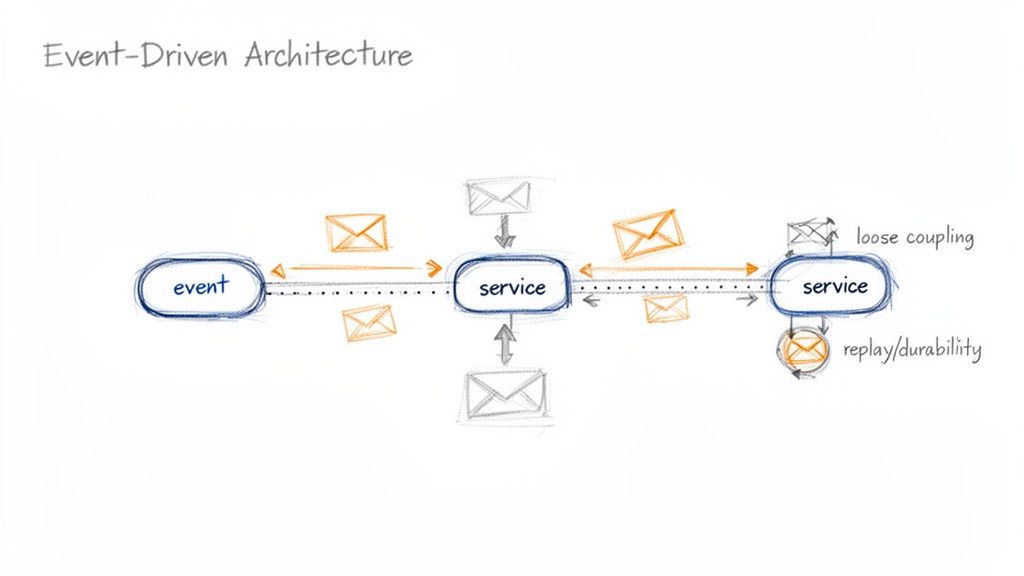 A diagram illustrating an Event-Driven Architecture, showing events flowing between services with loose coupling and durability.