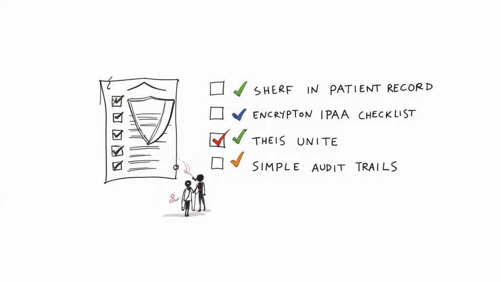A whiteboard drawing showing a checklist for healthcare application security and compliance features.