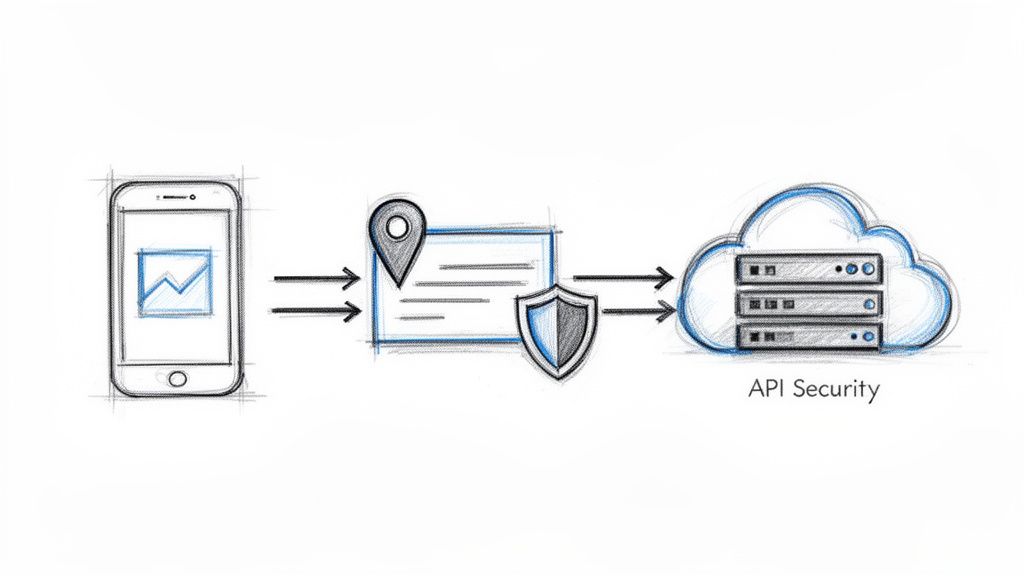 Diagram illustrating mobile app API security, showing data flow from a smartphone through a protected gateway to cloud servers.