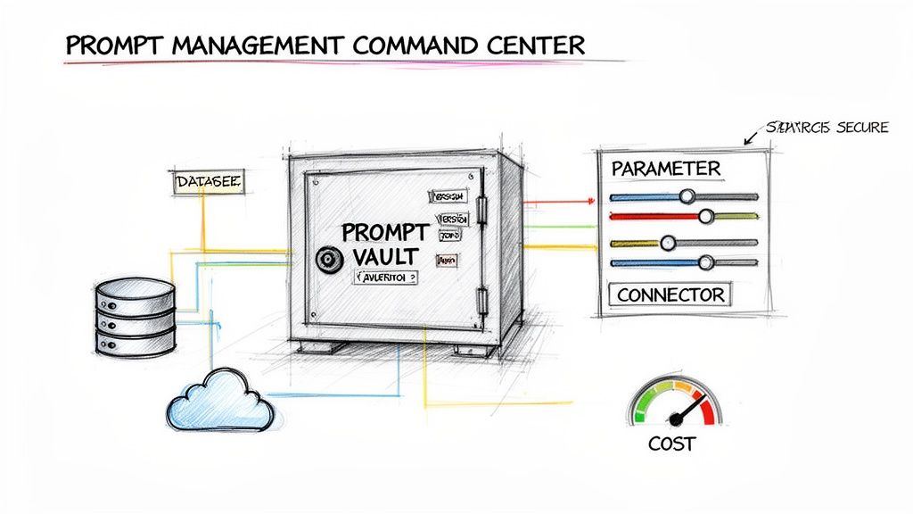 Diagram of a prompt management system with a central prompt vault, connected to data sources, configurable parameters, and cost tracking.