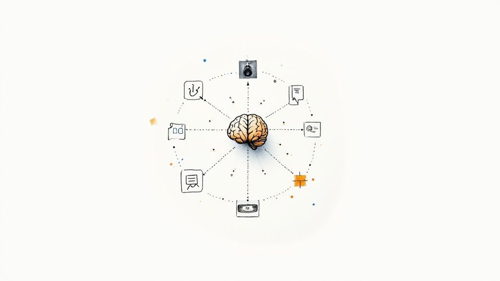 Illustrative diagram of a brain connected to various business and conceptual icons in a circular flow.