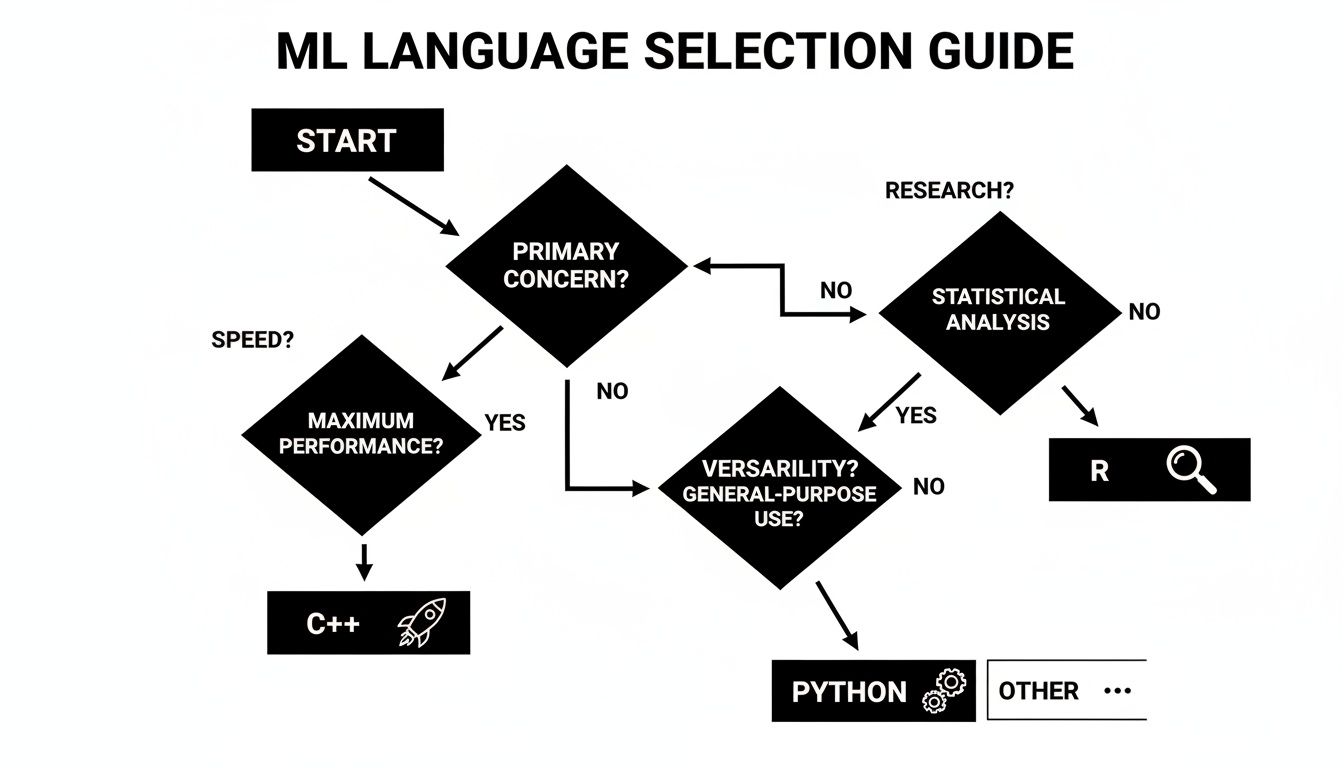 A machine learning language selection guide flowchart, detailing choices based on performance, statistical analysis, and versatility.