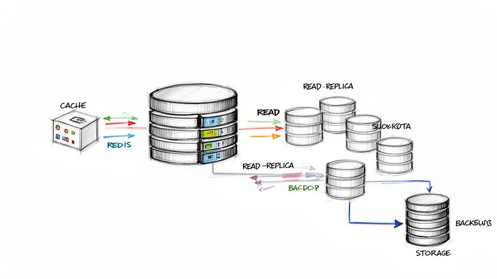 Diagram illustrating a scalable database architecture with cache, primary database, read replicas, and backup storage.