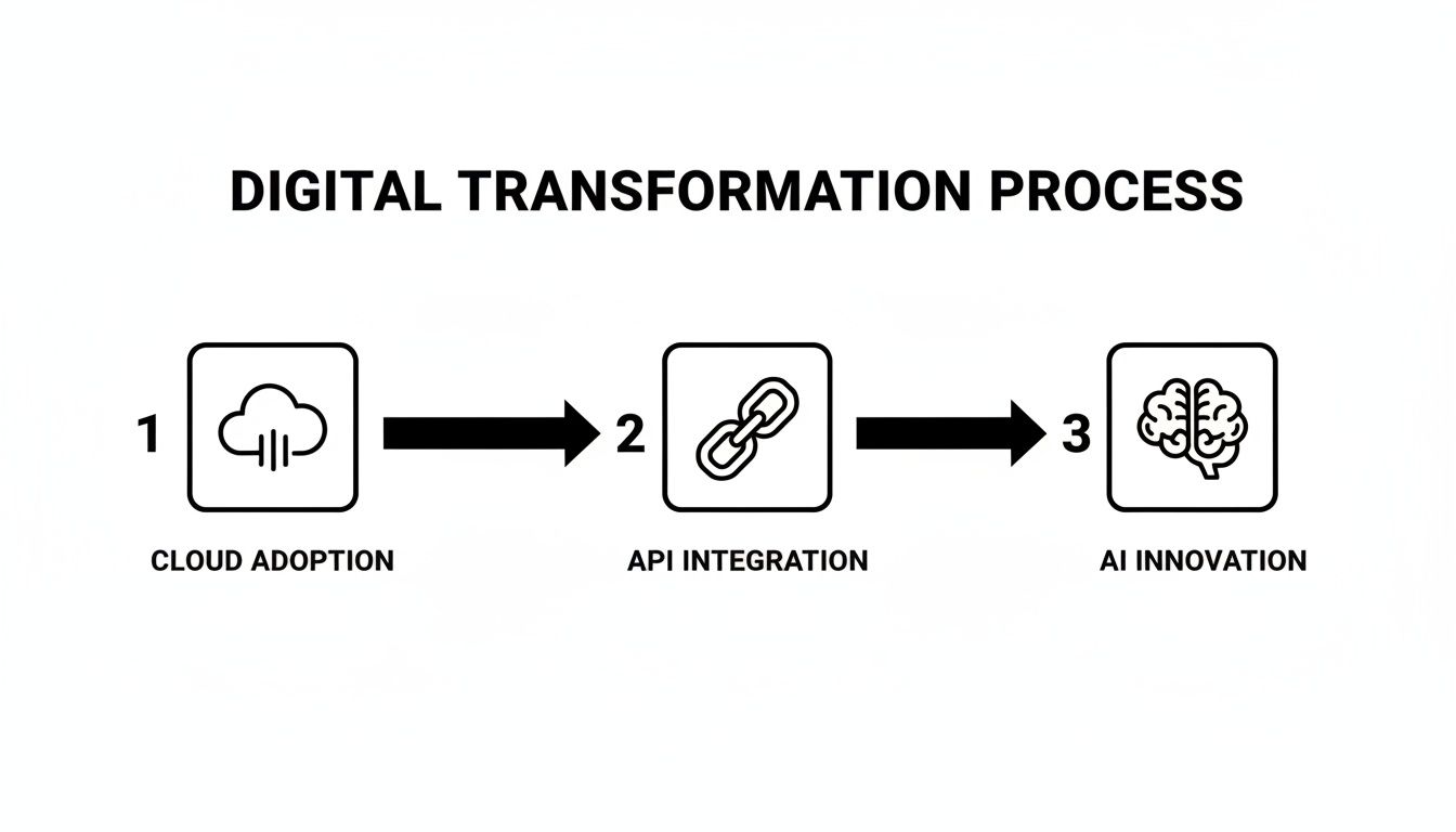 Process flow diagram showing digital transformation steps: cloud adoption, API integration, and AI innovation.