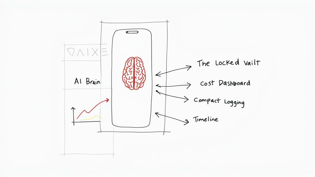 Hand-drawn sketch of an AI brain inside a smartphone, illustrating app features like locked vault and cost dashboard.