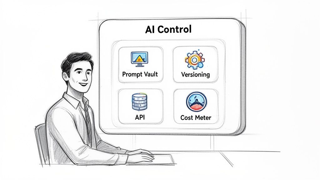 A man smiles at a digital screen displaying 'AI Control' with sections for Prompt Vault, Versioning, API, and Cost Meter.
