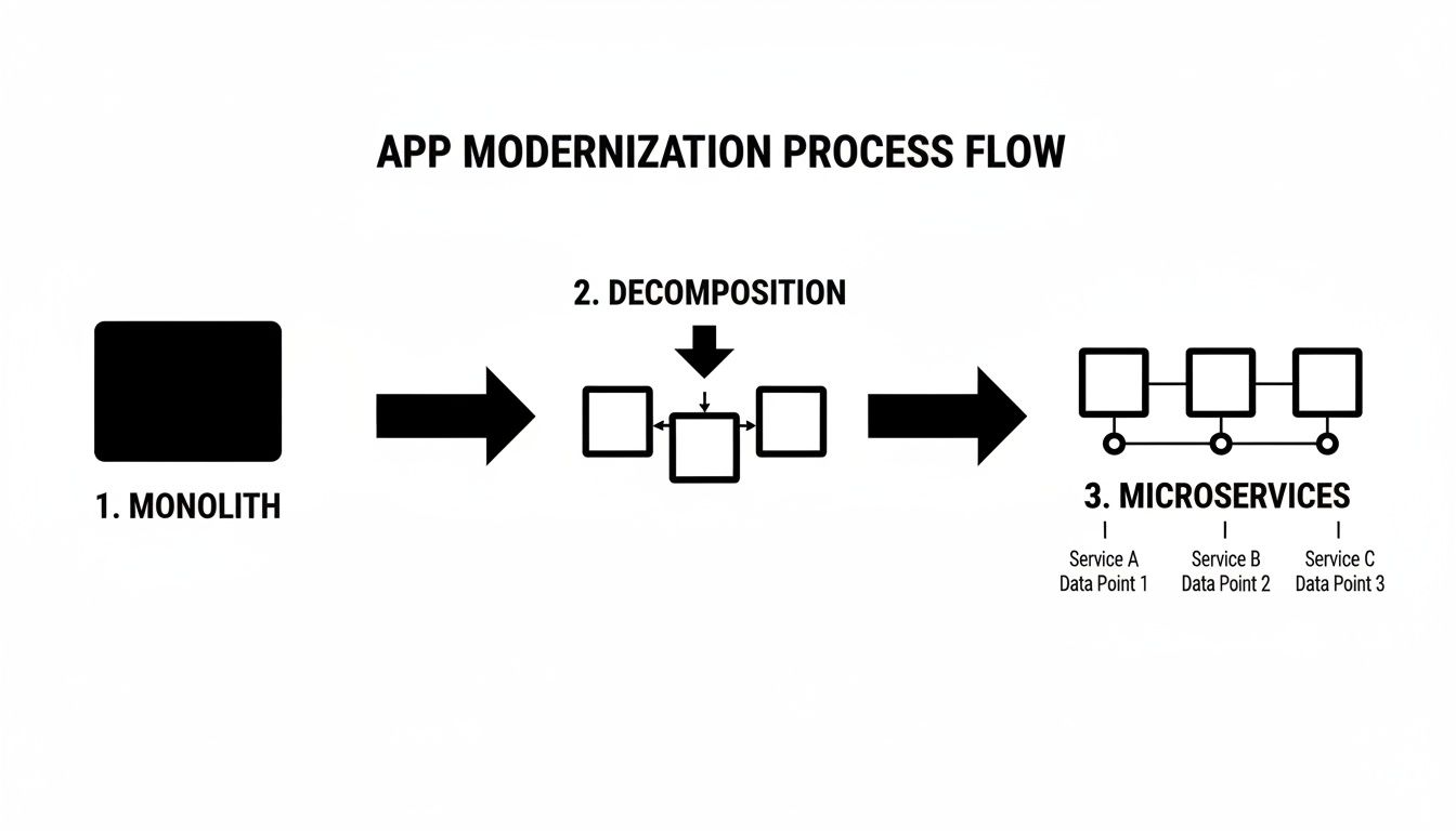 Diagram illustrating the app modernization process from a monolith to microservices architecture.