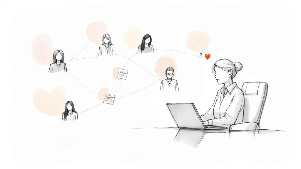 A woman works on a laptop, visually connected to a network of people and documents.