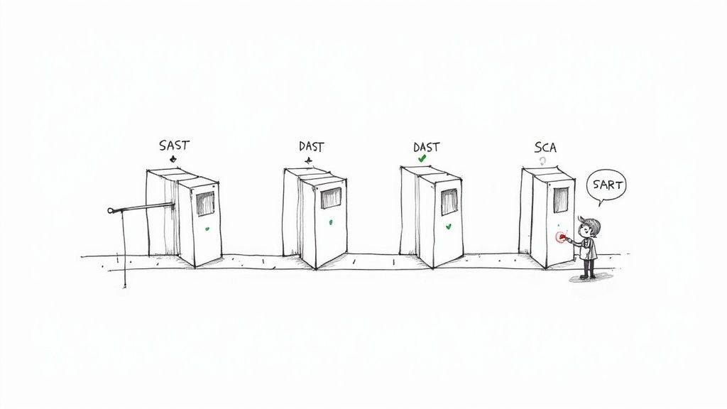 A cartoon illustrates a security testing pipeline with SAST, DAST, and SCA stages, ending with a person contemplating SART.
