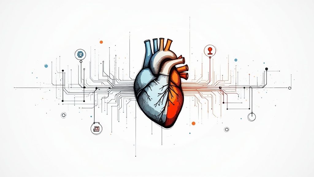 An anatomical heart integrated with digital circuit lines and icons, symbolizing healthcare technology.