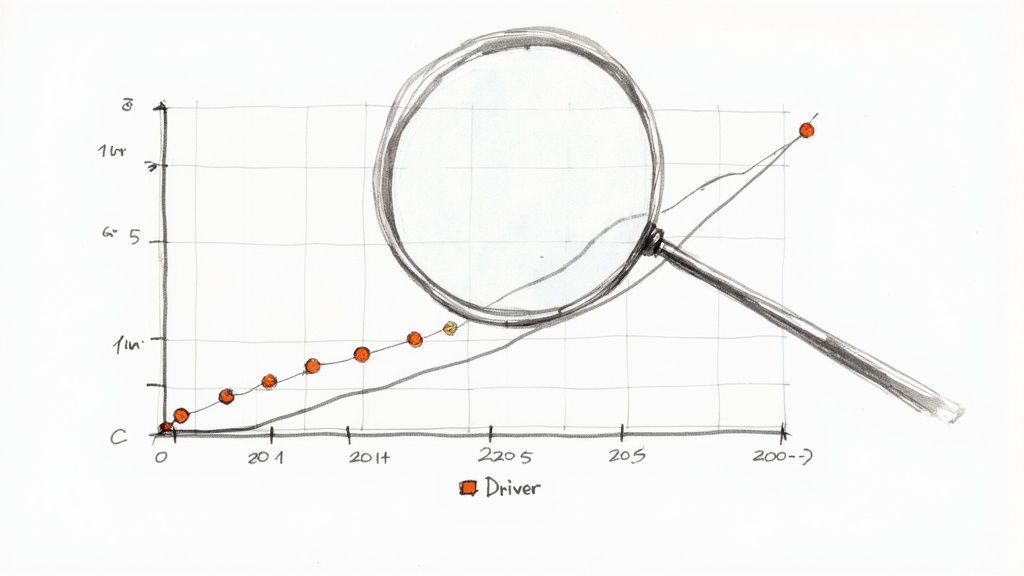 Magnifying glass examining upward trending growth chart showing customer retention data points over time