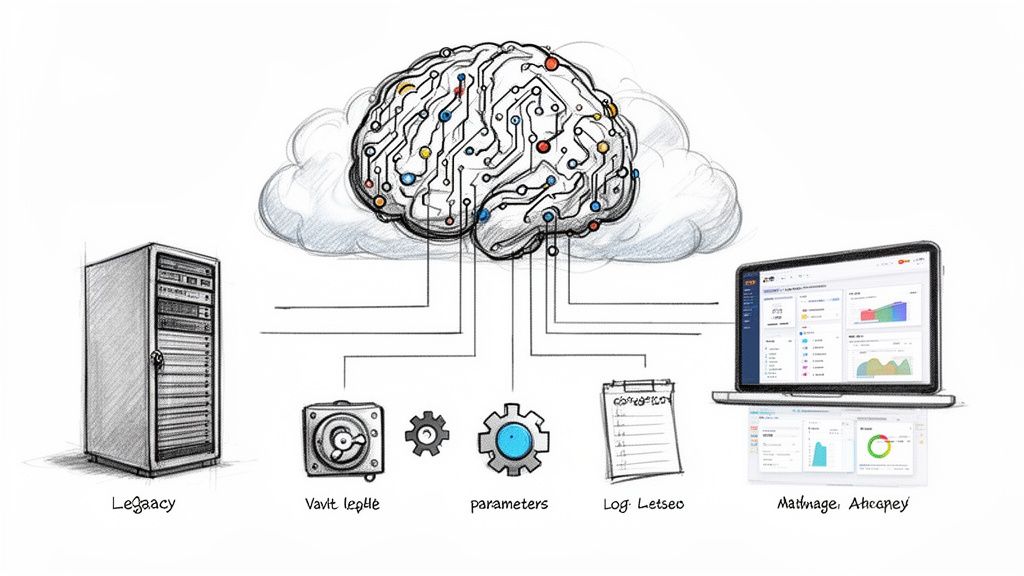 Diagram showing a cloud-based AI brain processing data from legacy systems, vaults, logs, and parameters for analytics.