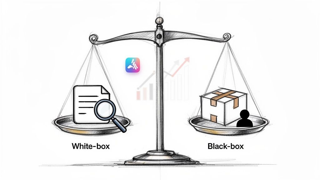 A balance scale comparing white-box (document, magnifying glass) and black-box (box, person) testing methods.