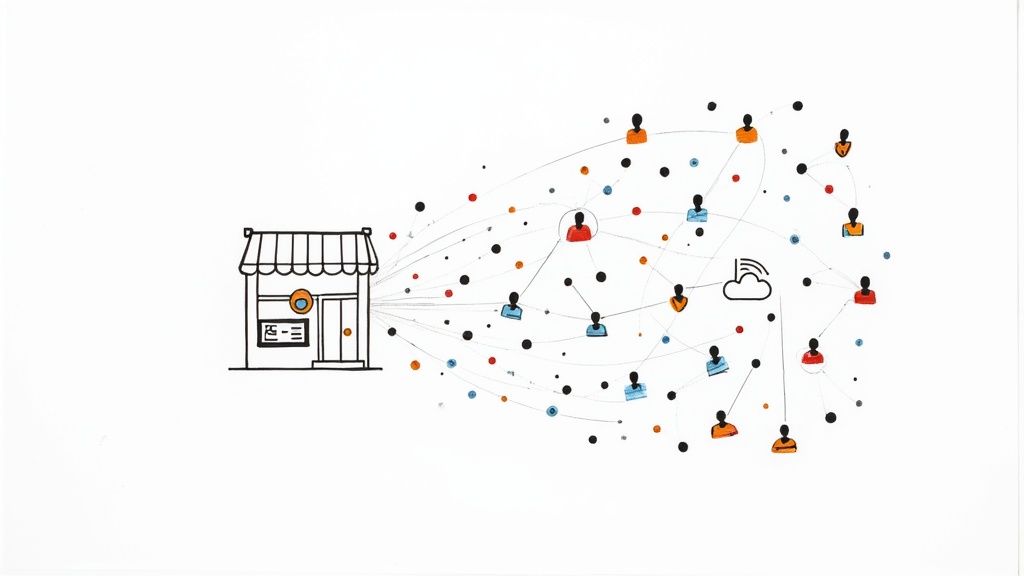 Digital network connecting small business storefront to diverse online customers through cloud technology