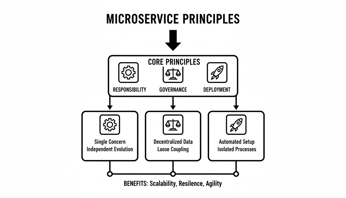 A diagram illustrating microservice principles, core concepts, detailed principles, and benefits like scalability and agility.