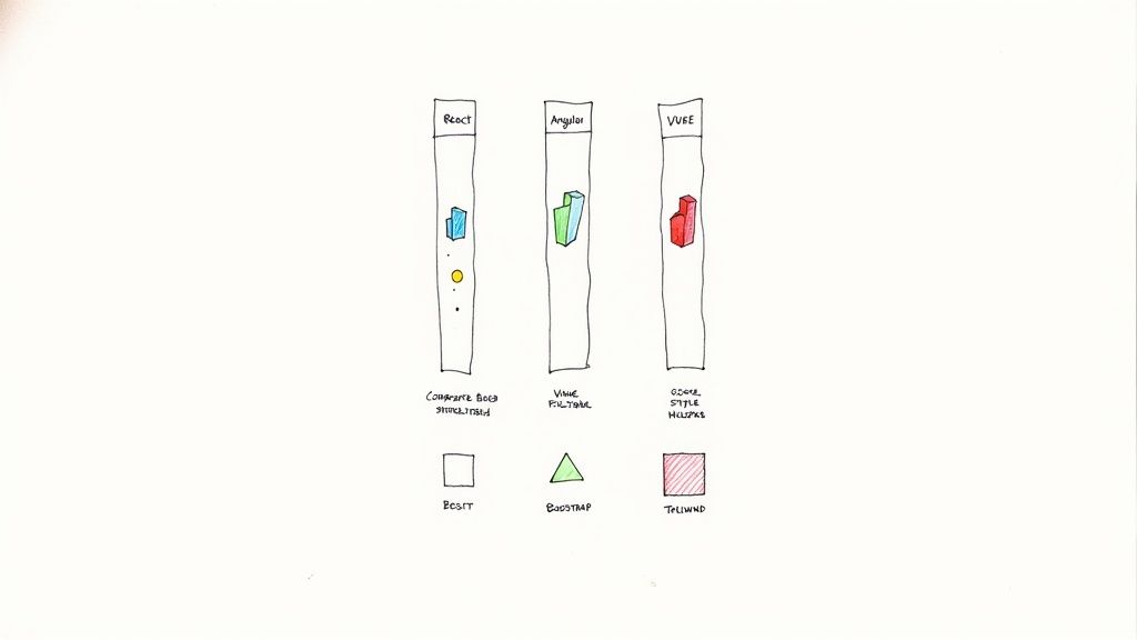 Illustration comparing React, Angular, and Vue UI frameworks with Besit, Bootstrap, and Tailwind styling.