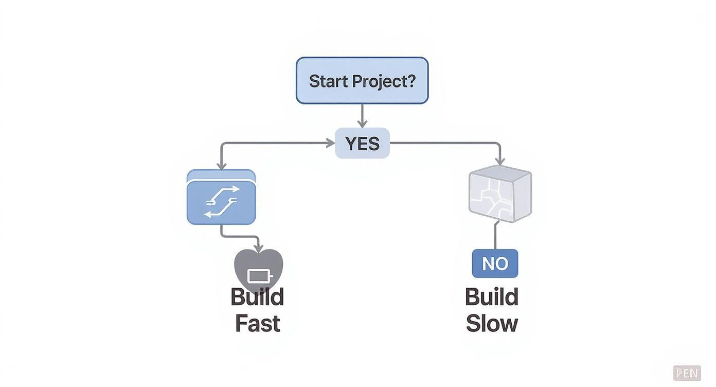 Flowchart showing a decision to 'Start Project?'. Yes leads to 'Build Fast' path, No leads to 'Build Slow' path.