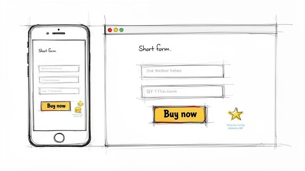 Hand-drawn sketch of a mobile and desktop short form with input fields and a 'Buy now' button, illustrating UI design.