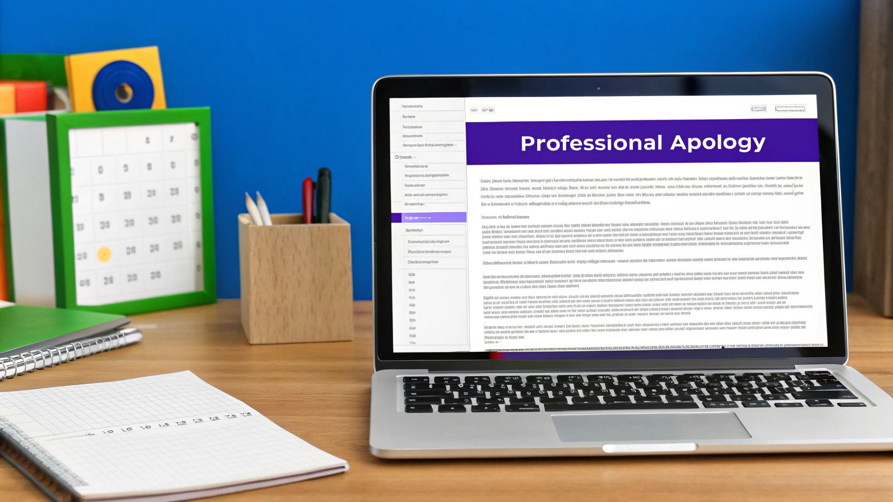Professional woman typing an apology email on a laptop
