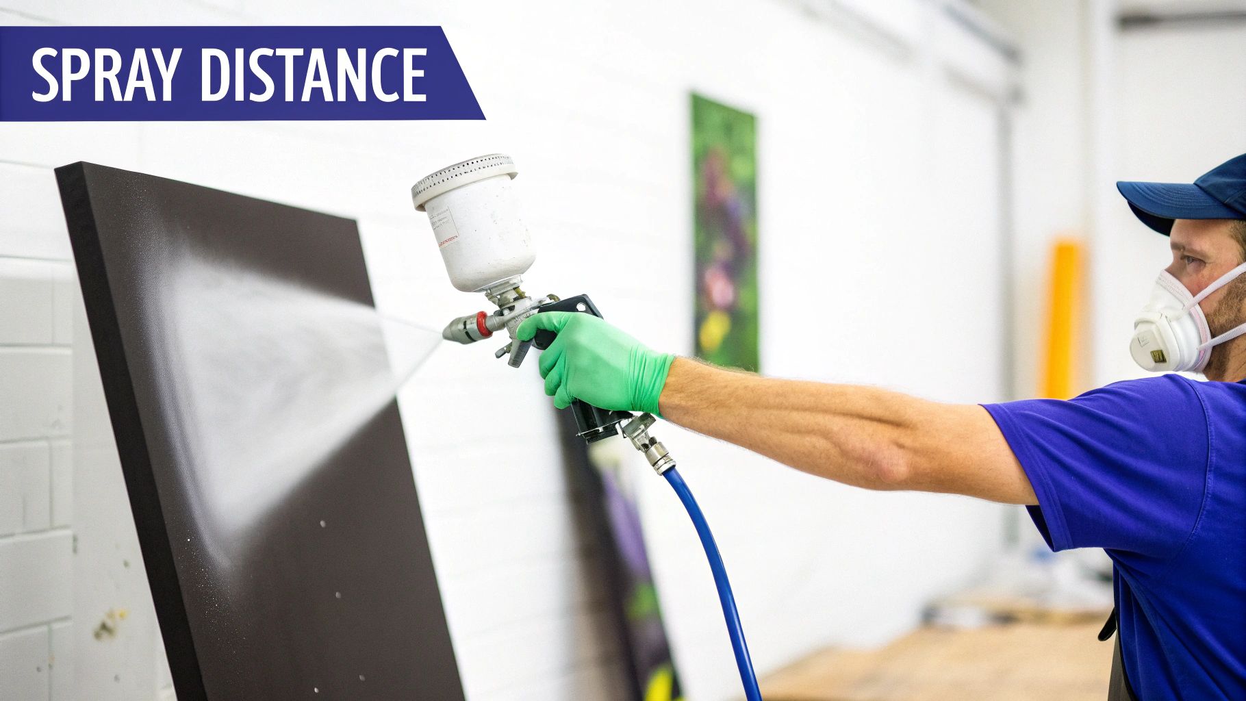 Person in a mask and green gloves spray painting a dark surface with white paint, demonstrating proper technique.
